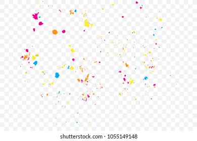 Colorful explosion of confetti. Colored glitter and sprinkles. Grainy abstract holiday illustration. Isolated on transparent background. Multi colored texture. Vector.