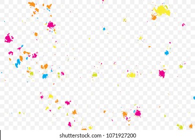 Colorful explosion of confetti. Colored glitter and sprinkles. Grainy abstract holiday illustration. Isolated on transparent background. Multi colored texture. Vector.