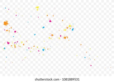 Colorful explosion of confetti. Colored glitter and sprinkles. Grainy abstract holiday illustration. Isolated on transparent background. Multi colored texture. Vector.