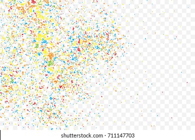 Colorful explosion of confetti. Colored glitter and sprinkles. Grainy abstract holiday illustration. Isolated on transparent background. Multi colored texture. Vector.