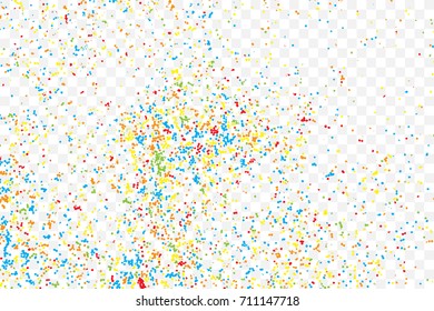 Colorful explosion of confetti. Colored glitter and sprinkles. Grainy abstract holiday illustration. Isolated on transparent background. Multi colored texture. Vector.