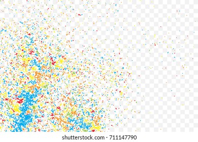 Colorful explosion of confetti. Colored glitter and sprinkles. Grainy abstract holiday illustration. Isolated on transparent background. Multi colored texture. Vector.