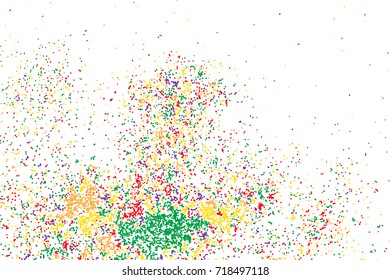 Colorful explosion of confetti. Colored glitter and sprinkles. Grainy abstract holiday illustration. Isolated on white background. Multi colored texture. Vector.