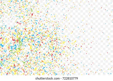 Colorful explosion of confetti. Colored glitter and sprinkles. Grainy abstract holiday illustration. Isolated on transparent background. Multi colored texture. Vector.
