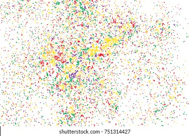 Colorful explosion of confetti. Colored glitter and sprinkles. Grainy abstract holiday illustration. Isolated on white background. Multi colored texture. Vector.