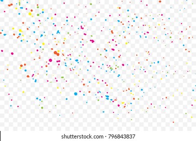 Colorful explosion of confetti. Colored glitter and sprinkles. Grainy abstract holiday illustration. Isolated on transparent background. Multi colored texture. Vector.