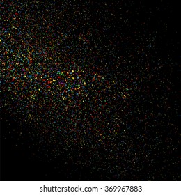 Colorful explosion of confetti. Colored stains and blots. Grainy abstract  colorful texture isolated on black background.  Vector illustration,eps 10.