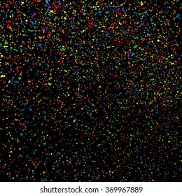 Colorful explosion of confetti. Colored stains and blots. Grainy abstract  colorful texture isolated on black background.  Vector illustration,eps 10.