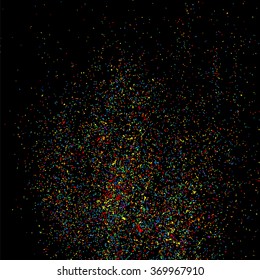 Colorful explosion of confetti. Colored stains and blots. Grainy abstract  colorful texture isolated on black background.  Vector illustration,eps 10.