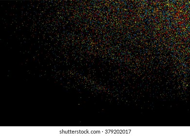 Colorful explosion of confetti. Colored stains and blots. Grainy abstract  colorful texture isolated on black background.  Vector illustration,eps 10.