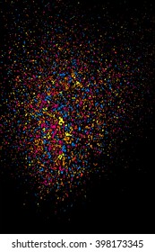 Colorful explosion of confetti. Colored stains and blots. Grainy abstract  colorful texture isolated on black background.  Vector illustration,eps 10.