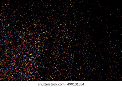 Colorful explosion of confetti. Colored stains and blots. Grainy abstract  colorful texture isolated on black background.  Vector illustration,eps 10.