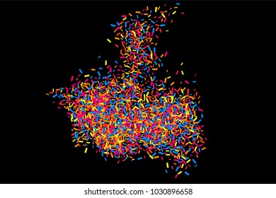 Colorful explosion of confetti. Grainy abstract  multicolored texture isolated on black background. Flat design element. Vector illustration,eps 10.
