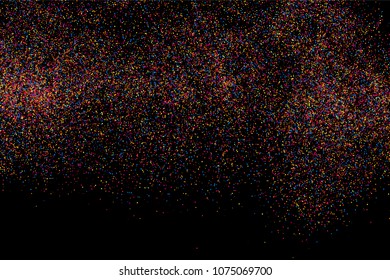 Colorful explosion of confetti. Grainy abstract  multicolored texture isolated on black background. Flat design element. Vector illustration,eps 10.