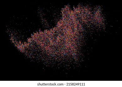 Colorful explosion of confetti. Grainy abstract multicolored texture isolated on black background. Flat design element. Vector illustration,eps 10.