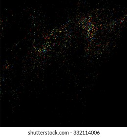 Colorful explosion of confetti. Grainy abstract  colorful texture on a black background. Design element. Vector illustration,eps 10.