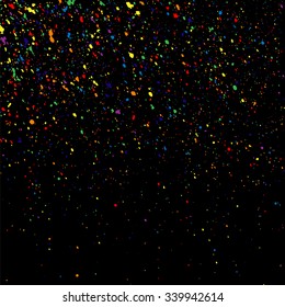 Colorful explosion of confetti. Grainy abstract  colorful texture on a black background. Design element. Vector illustration,eps 10.