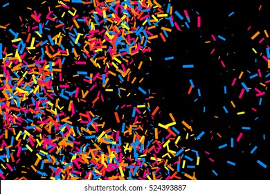 Colorful explosion of confetti. Grainy abstract  multicolored texture isolated on black background. Flat design element. Vector illustration,eps 10.