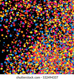 Colorful explosion of confetti. Grainy abstract  multicolored texture isolated on black background. Flat design element. Vector illustration,eps 10.