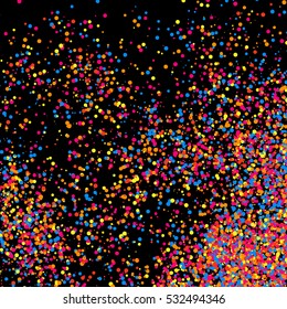 Colorful explosion of confetti. Grainy abstract  multicolored texture isolated on black background. Flat design element. Vector illustration,eps 10.