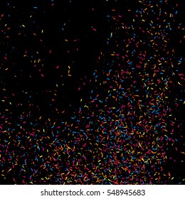 Colorful explosion of confetti. Grainy abstract  multicolored texture isolated on black background. Flat design element. Vector illustration,eps 10