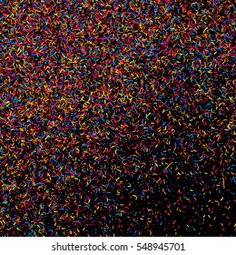 Colorful explosion of confetti. Grainy abstract  multicolored texture isolated on black background. Flat design element. Vector illustration,eps 10