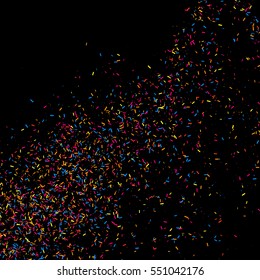 Colorful explosion of confetti. Grainy abstract  multicolored texture isolated on black background. Flat design element. Vector illustration,eps 10.