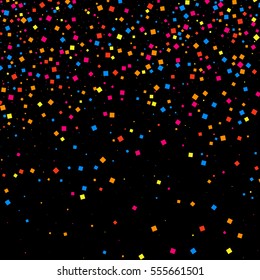 Colorful explosion of confetti. Grainy abstract  multicolored texture isolated on black background. Flat design element. Vector illustration,eps 10.