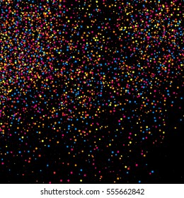 Colorful explosion of confetti. Grainy abstract  multicolored texture isolated on black background. Flat design element. Vector illustration,eps 10.
