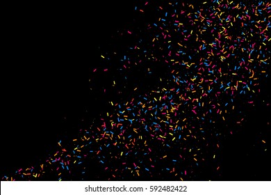 Colorful explosion of confetti. Grainy abstract  multicolored texture isolated on black background. Flat design element. Vector illustration,eps 10
