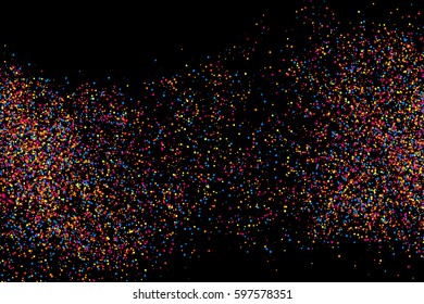 Colorful explosion of confetti. Grainy abstract  multicolored texture isolated on black background.