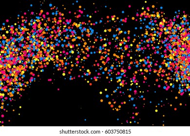Colorful explosion of confetti. Grainy abstract  multicolored texture isolated on black background. Flat design element. Vector illustration,eps 10.