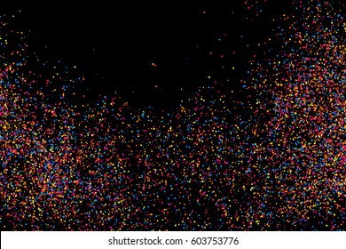 Colorful explosion of confetti. Grainy abstract  multicolored texture isolated on black background. Flat design element. Vector illustration,eps 10.