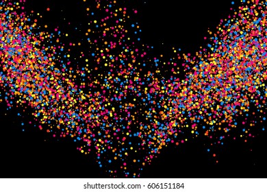 Colorful explosion of confetti. Grainy abstract  multicolored texture isolated on black background. Flat design element. Vector illustration,eps 10.