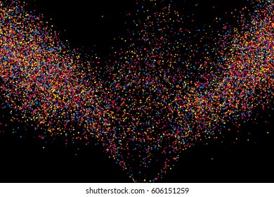 Colorful explosion of confetti. Grainy abstract  multicolored texture isolated on black background. Flat design element. Vector illustration,eps 10.