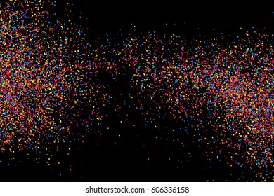 Colorful explosion of confetti. Grainy abstract  multicolored texture isolated on black background. Flat design element. Vector illustration,eps 10.