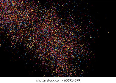 Colorful explosion of confetti. Grainy abstract  multicolored texture isolated on black background. Flat design element. Vector illustration,eps 10.