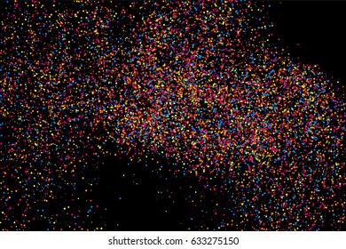Colorful explosion of confetti. Grainy abstract  multicolored texture isolated on black background. Flat design element. Vector illustration,eps 10.