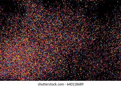 Colorful explosion of confetti. Grainy abstract  multicolored texture isolated on black background. Flat design element. Vector illustration,eps 10.