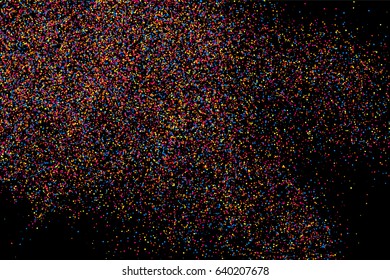 Colorful explosion of confetti. Grainy abstract  multicolored texture isolated on black background. Flat design element. Vector illustration,eps 10.