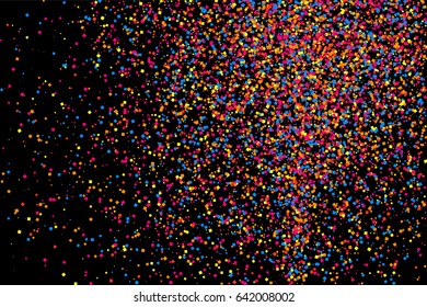 Colorful explosion of confetti. Grainy abstract  multicolored texture isolated on black background. Flat design element. Vector illustration,eps 10.