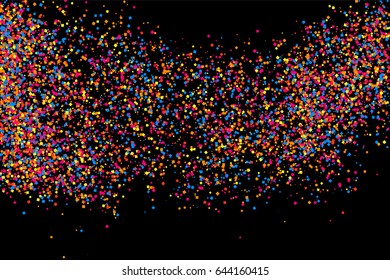 Colorful explosion of confetti. Grainy abstract  multicolored texture isolated on black background. Flat design element. Vector illustration,eps 10.