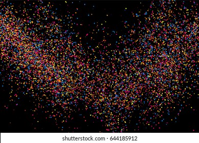 Colorful explosion of confetti. Grainy abstract  multicolored texture isolated on black background. Flat design element. Vector illustration,eps 10.
