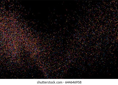 Colorful explosion of confetti. Grainy abstract  multicolored texture isolated on black background. Flat design element. Vector illustration,eps 10.