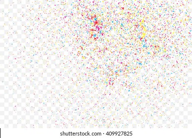 Colorful explosion of confetti. Isolated on transparent background. Colored glitter and sprinkles. Grainy abstract holiday illustration. Multi colored texture.