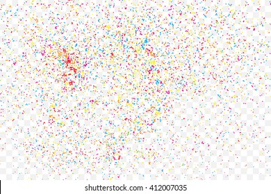 Colorful explosion of confetti. Isolated on transparent background. Colored glitter and sprinkles. Grainy abstract holiday illustration. Multi colored texture.