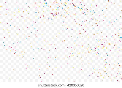 Colorful explosion of confetti. Isolated on transparent background. Colored glitter and sprinkles. Grainy abstract holiday illustration. Multi colored texture.