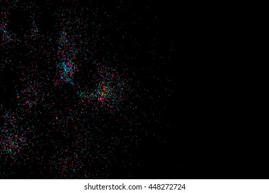 Colorful explosion of confetti. Isolated on black background. Coloured glitter and sprinkles. Grainy abstract holiday illustration. Multi colored texture.