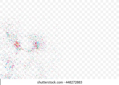 Colorful explosion of confetti. Isolated on transparent background. Colored glitter and sprinkles. Grainy abstract holiday illustration. Multi colored texture.