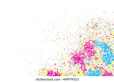 Colorful explosion of confetti. Isolated on white background. Coloured glitter and sprinkles. Grainy abstract holiday illustration. Multi colored texture.
